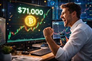 A trader celebrating a bullish Bitcoin chart