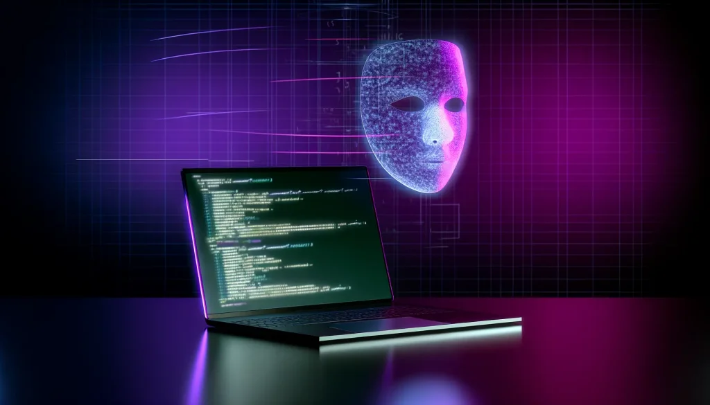 The Ketman Project, operating under ETH Rangers security program, has in latest Ethereum news identifed over 100 North Korea crypto hackers Digital mask overlay above laptop showing fragmented identity data in magenta and purple lighting