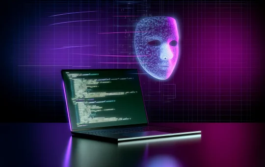 The Ketman Project, operating under ETH Rangers security program, has in latest Ethereum news identifed over 100 North Korea crypto hackers Digital mask overlay above laptop showing fragmented identity data in magenta and purple lighting