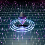 Glowing Ethereum token being consumed by magenta AI transaction particles on a dark tech grid, representing ETH supply deflationary burn mechanism.