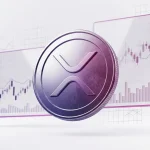 XRP coin with purple-magenta gradient lighting and abstract price chart visualization in studio setting