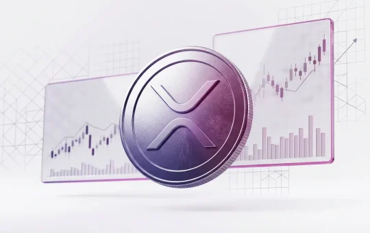 XRP coin with purple-magenta gradient lighting and abstract price chart visualization in studio setting