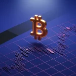 Bitcoin symbol glowing above digital market grid with magenta gradients and geometric candlestick patterns