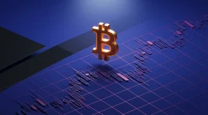 Bitcoin symbol glowing above digital market grid with magenta gradients and geometric candlestick patterns