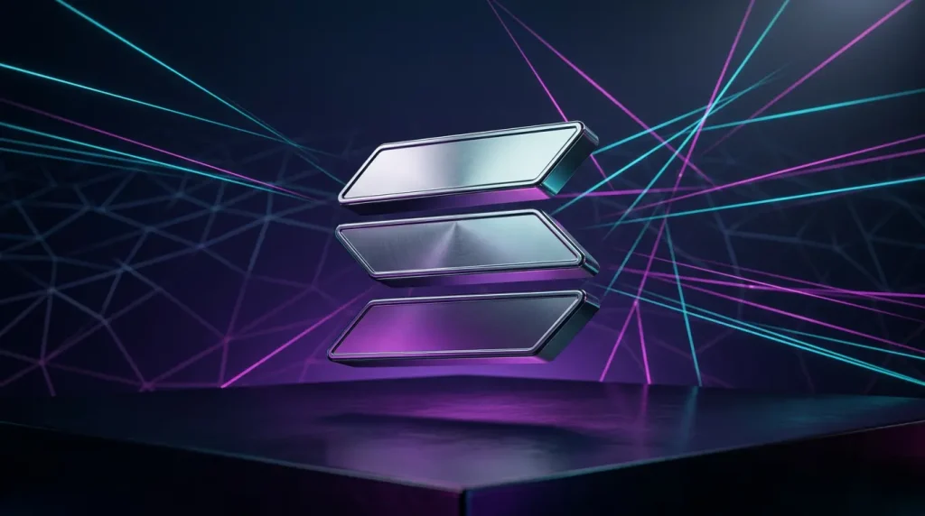 Solana logo with gradient lighting and geometric grid representing Alpenglow consensus upgrade architecture Get insights on Solana news regarding the Alpenglow upgrade, enhancing transaction speed and network architecture.