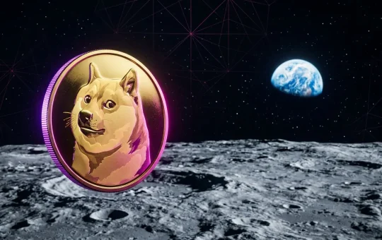 Dogecoin floating above moon surface with Earth in background and purple gradient lighting