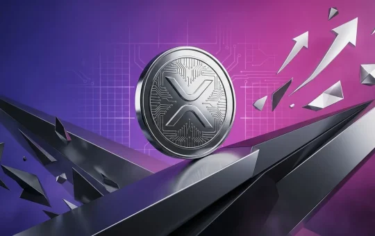 XRP cryptocurrency coin balanced between rising and falling geometric planes with purple-magenta gradient background