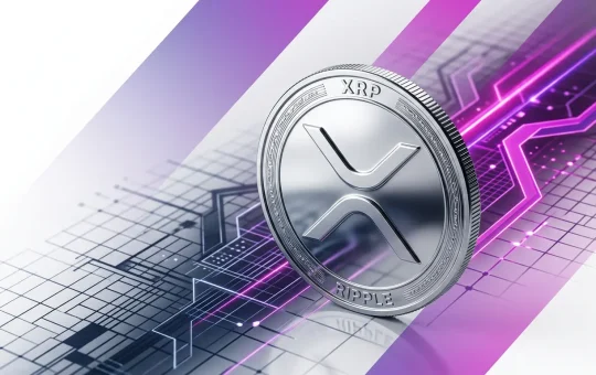 XRP cryptocurrency coin with gradient grid showing declining network activity vs institutional growth