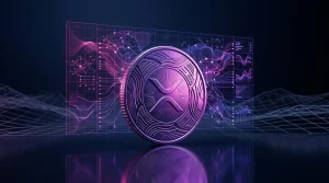 XRP cryptocurrency coin with purple-magenta gradient lighting and institutional data grid overlay