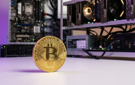 Bitcoin coin with mining hardware in studio lighting with purple gradient accents