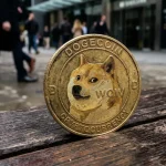 Dogecoin cryptocurrency coin declining against modern gradient background with grid structure