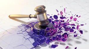 Solana News: South Korea Sets DeFi Precedent with First DEX Rug Pull Criminal Case 3D gavel striking digital blockchain surface with purple and magenta fragments representing DeFi regulation