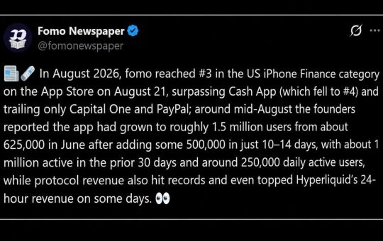 FOMO Cracks Top 5 US Finance Charts, Passes Kalshi and Cash App